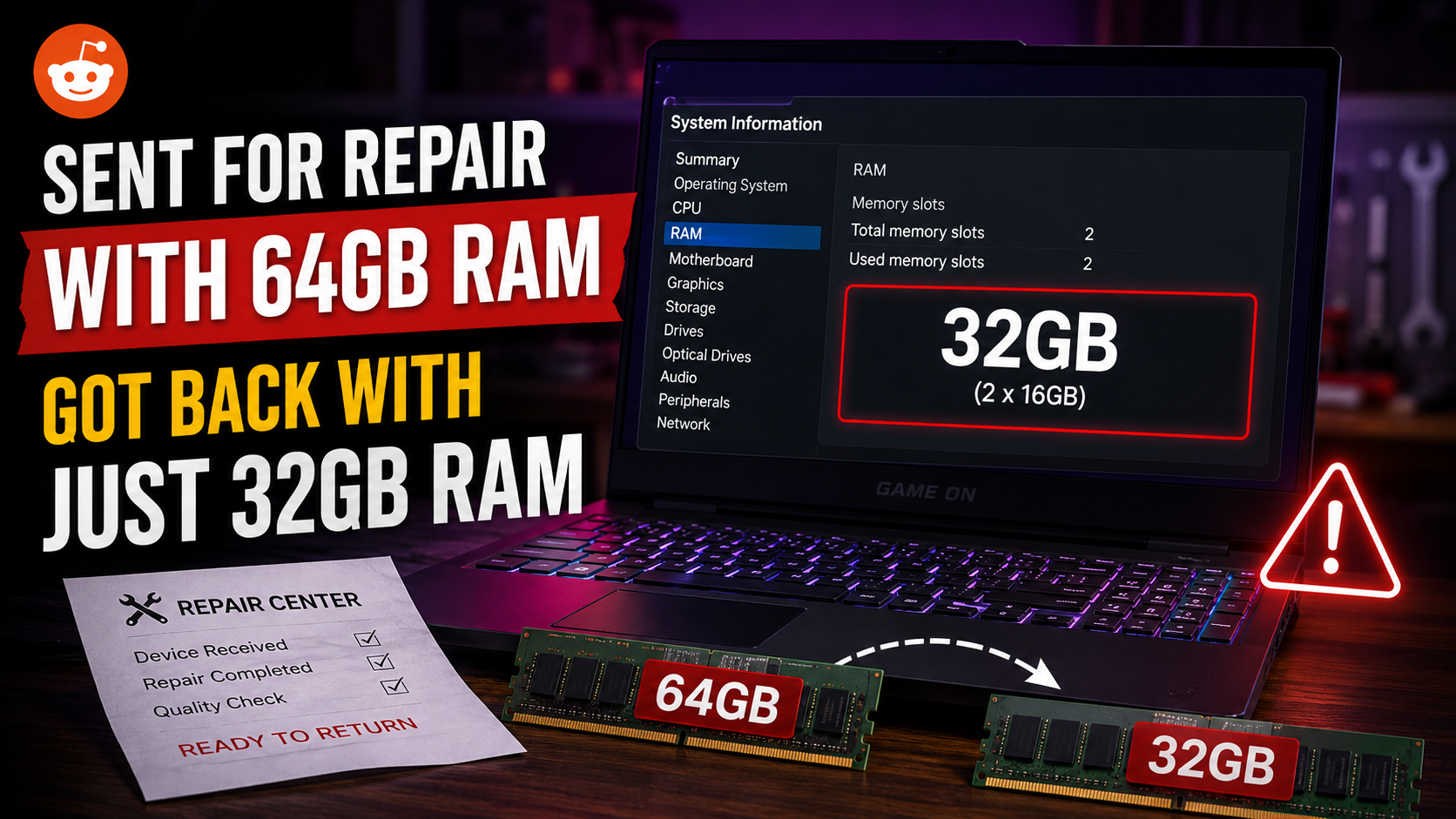 Redditor Sends Gaming Laptop With 64GB RAM for Repair, Gets It Back With Just 32GB